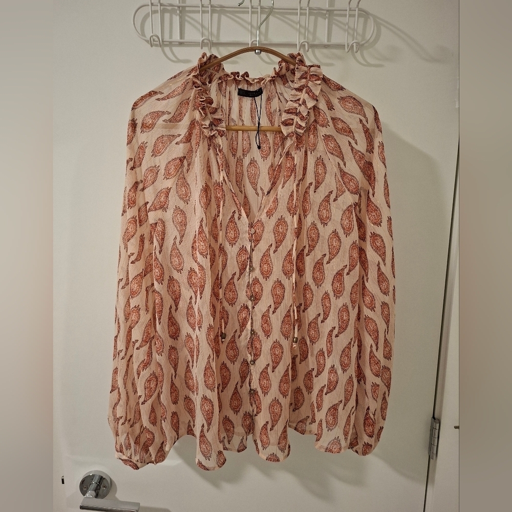 Zara Women's Pink & Gold Paisley Boho Sheer Flowy Puff-sleeve Blouse (Size M/L)